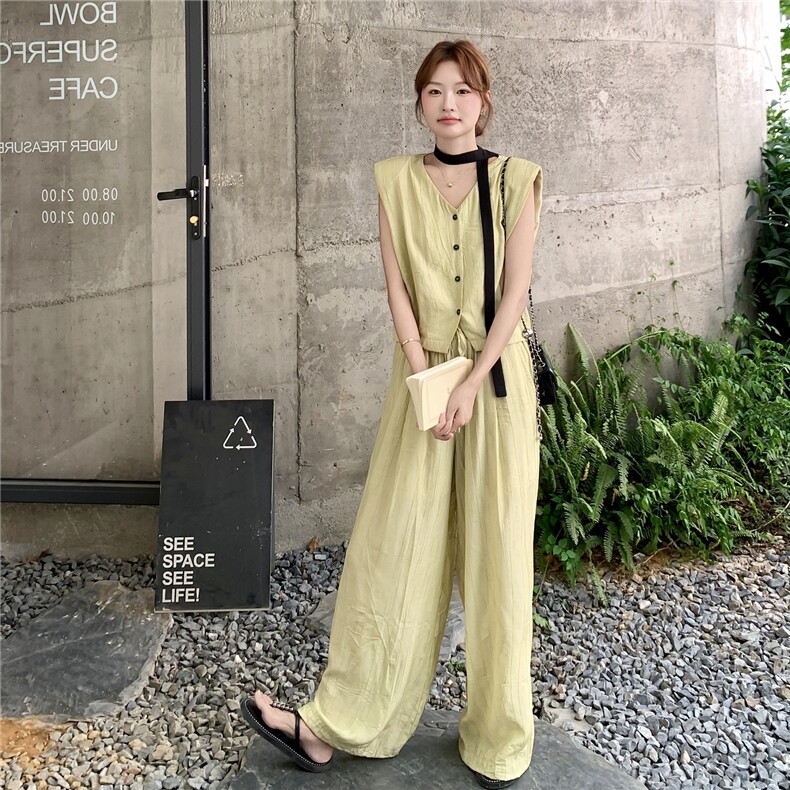 设计感韩系v领马甲高腰阔腿裤套装女2025夏季新款气质显瘦两件套,女装套装/套裙,2C203