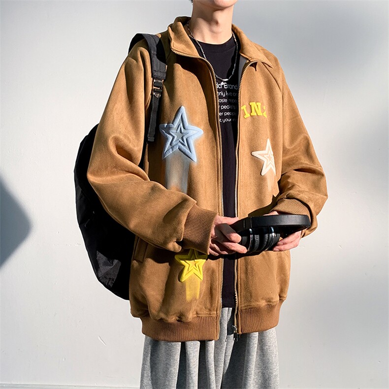 J6618P68光影墙2024抖音高品质秋季星星印花麂皮绒翻领夹克外套,男装夹克,电商A026-1