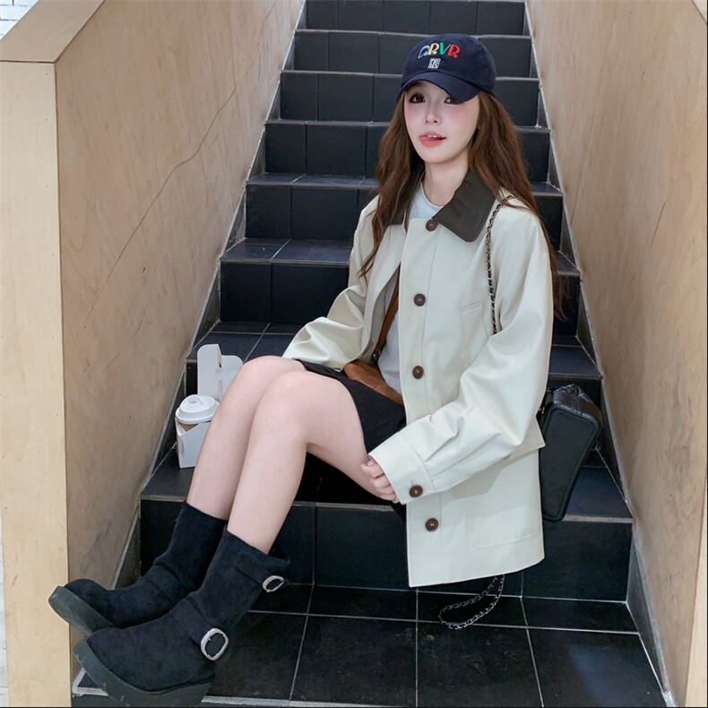 pu皮领拼接工装风衣外套女春秋2025新款爆款高级感学院风夹克上衣,女装风衣,2C372