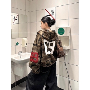 秋季新款迷彩开衫连帽运动衫男女美式覆古宽松百搭情侣外套潮图片