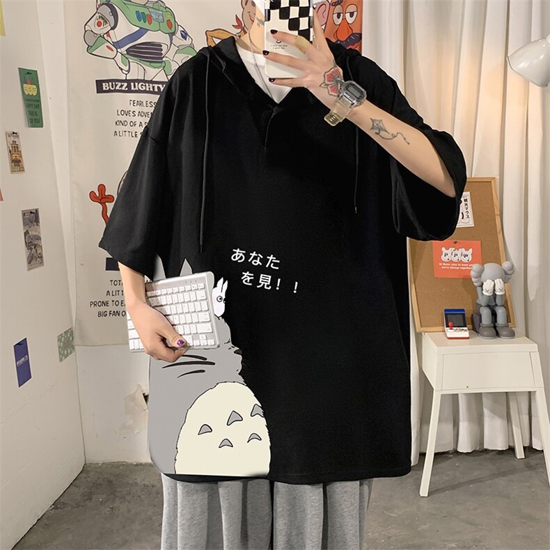 LD54150-P45连帽短袖t恤男大码胖子带帽五分袖中袖海报风,男装T恤,电商A040