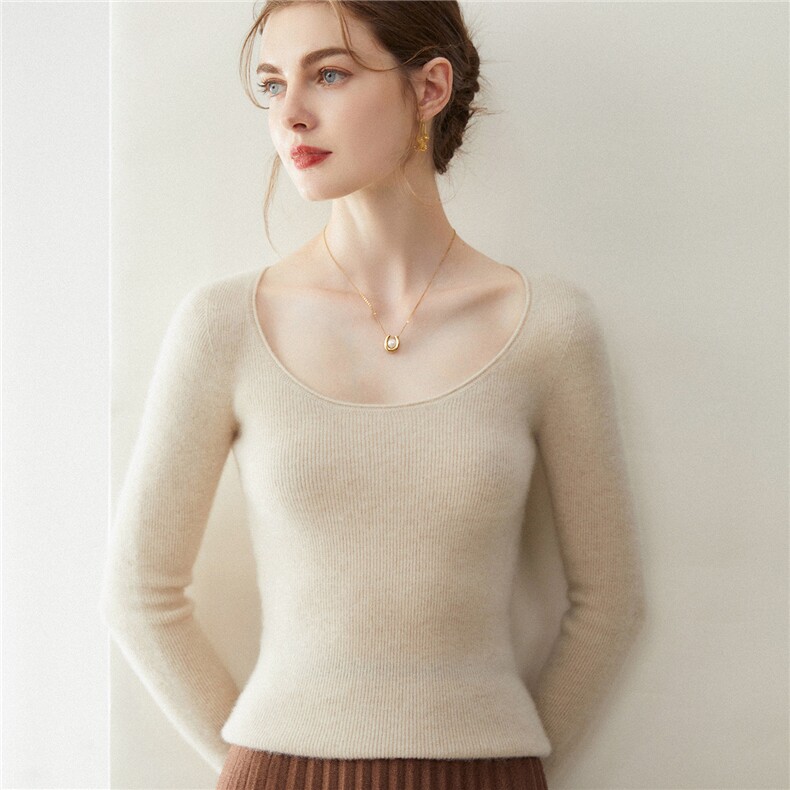 2025秋冬百搭时尚简约抽条大U领针织衫，女装羊绒衫，米乐羊绒