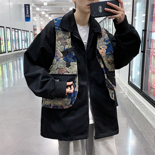 高街复古拼接小熊夹克衫假两件M-4XL宽松春季工装男日系W2531-P60，男装夹克，星座512-2