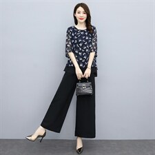 2022夏季新款时尚个性优雅气质圆领舒适休闲裤腿裤两件套，女装套装/套裙，魅影