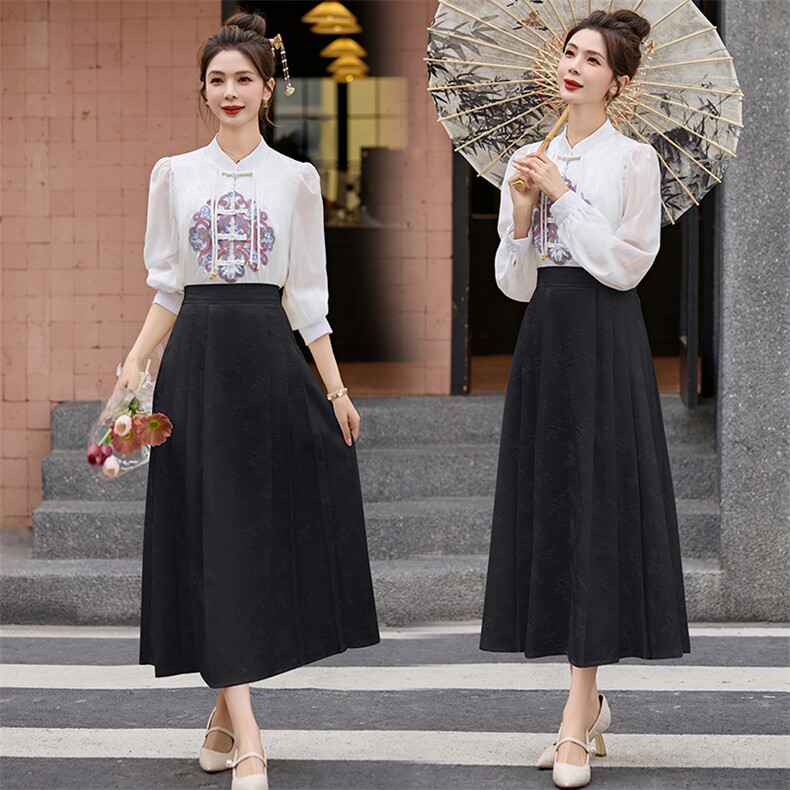 新中式国风马面裙套装女2024夏季新款高级感气质高腰连衣裙两件套，女装套装/套裙，丽美静依