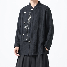 风（折枝金竹）棉麻混纺绣花木头扣大码宽松长袖衬衫男女款，男装衬衫，星座305A（原312A-1）