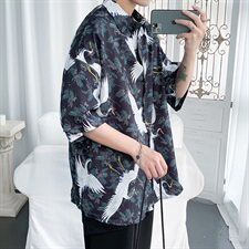 CS08-P45夏季大码港风薄款冰丝仙鹤印花男士半袖衬衫短袖衬衣，男装衬衫，电商B369（原A024）