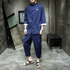 2021夏季新款中国风套装男大码唐装七分袖衬衫男休闲裤TZ073/P100，男装套装，电商A008