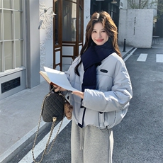 蓝色学院风撞色羽绒服女冬2025新款韩版小个子加厚保暖白鸭绒外套，女装羽绒服，2C232