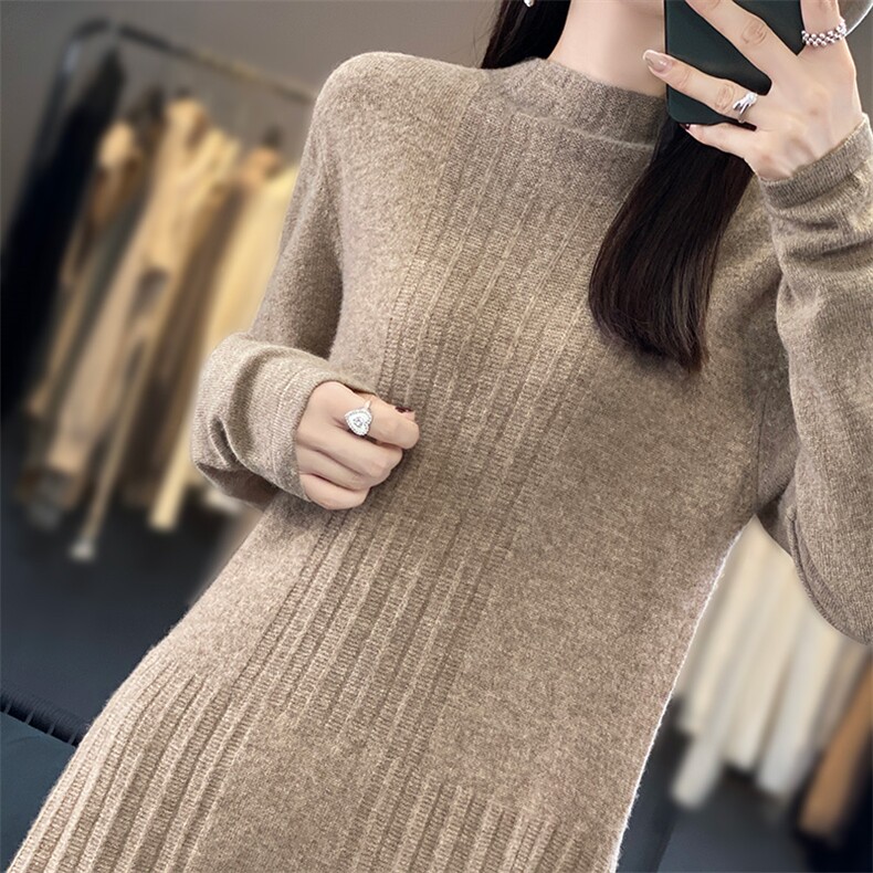 秋冬新款高领长袖羊毛连衣裙女修身显瘦气质百搭针织裙,女装连衣裙,狄美羊绒
