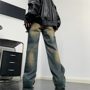 美式高街vibe做旧黄泥染水洗牛仔裤男潮ins直筒微喇cleanfit裤子图片