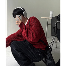 V18-P522025羊毛复古麻花毛衣男女秋冬新款慵懒风宽松酒红色，男装针织衫/毛衣，电商B323A