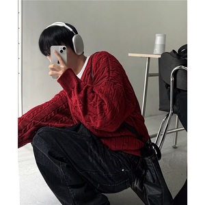 V18-P52 2025羊毛复古麻花毛衣男女秋冬新款慵懒风宽松酒红色图片