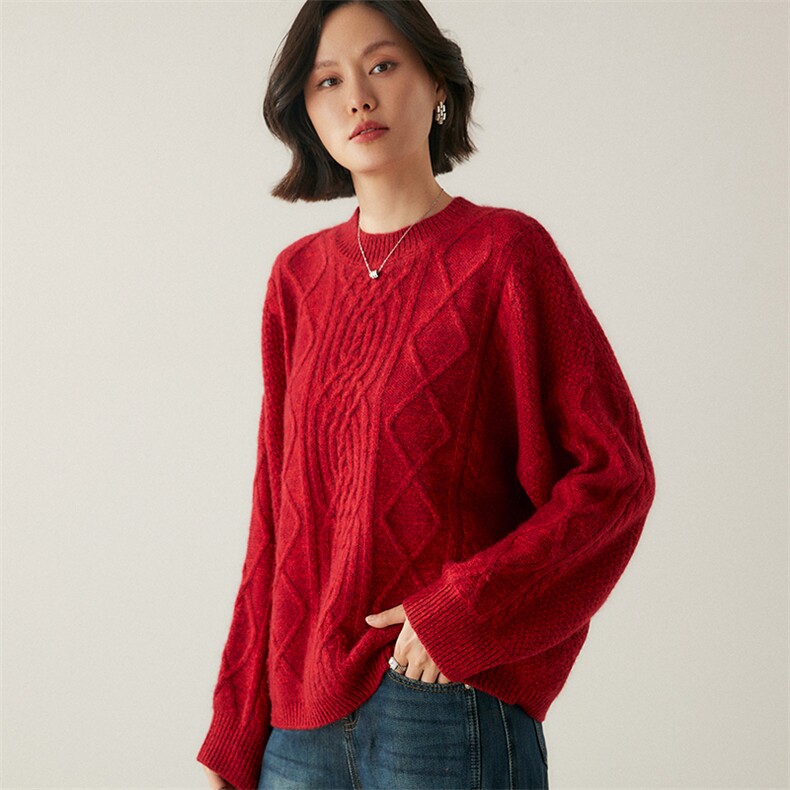 重磅加厚山羊绒衫女圆领重工绞花韩版宽松大版毛衣针织打底衫冬,女装羊绒衫,绒创羊绒