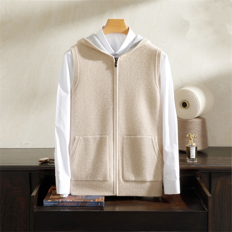 2024秋冬新款羊绒男士空气层加厚带帽拉链羊绒背心马甲男装，男装羊绒背心，雪贝坊一店