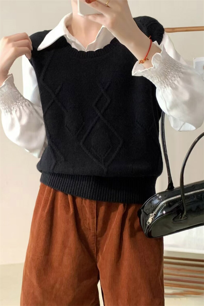 时尚百搭秋冬五针针织马甲女韩版简约个性宽松显瘦无袖背心外套,女装马甲,琳尚羊绒