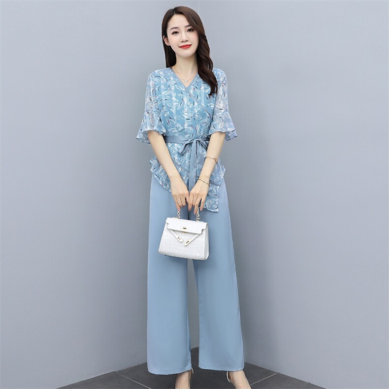 时尚阔腿裤套装女2024夏季新款洋气减龄显瘦气质女神范雪纺两件套,女装套装/套裙,雅佳俏