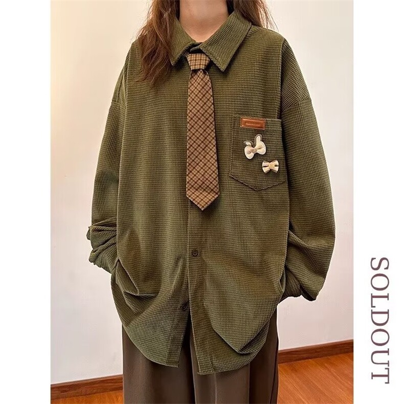 3038-P50 2026春秋日系复古宽松长袖衬衫女学院风休闲宽松衬衣图片