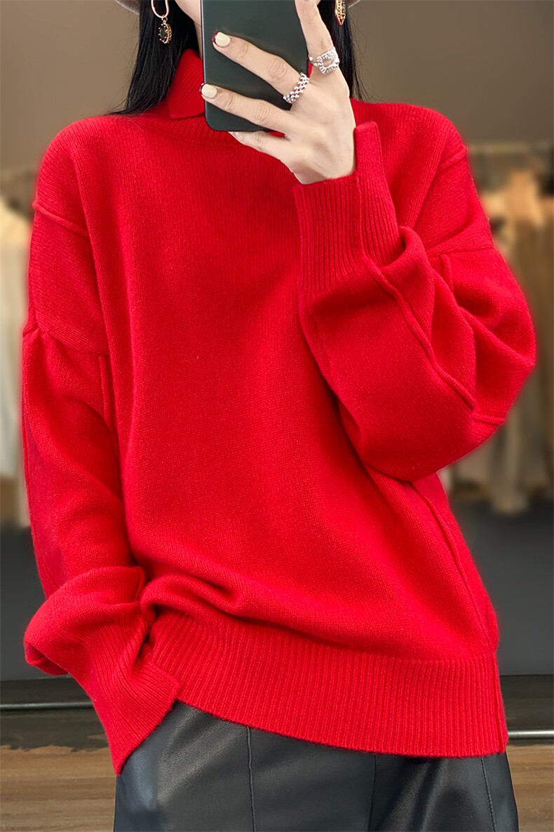 25秋冬羊毛长袖针织衫女翻领套头加厚毛衣纯色打底衫,女装羊毛衫,奢优羊绒