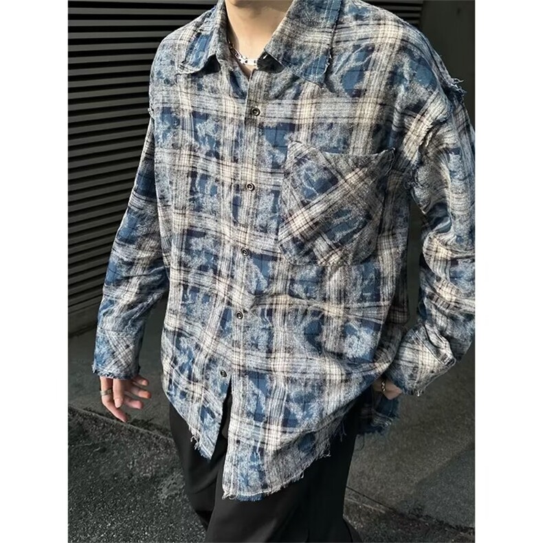 ins文艺秋冬季扎染痞帅格子长袖宽松型衬衫-CS051-网络图,男装衬衫,星座1002-2
