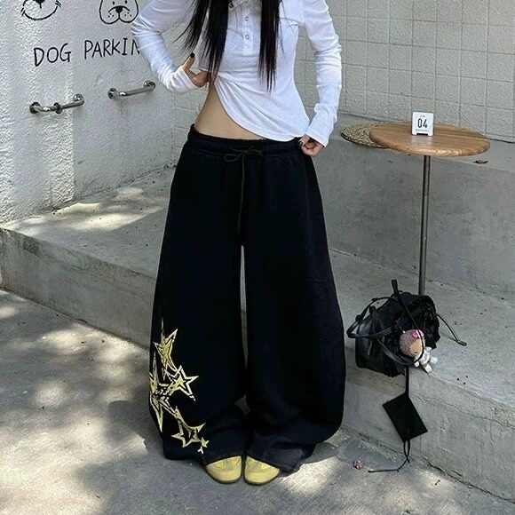 港风秋款男女卫裤星星印花抽绳阔腿休闲长裤h5342 P53图片