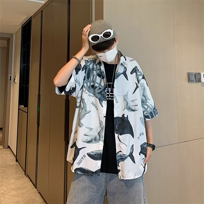 港风印花短袖衬衫男夏潮流薄款外套设计感M326-P30,男装衬衫,星座1109-3