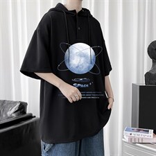 LD54241-P45连帽短袖t恤男大码胖子带帽五分袖中袖，男装T恤，电商A040