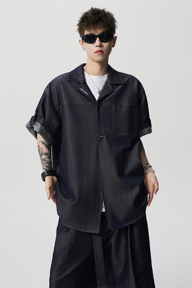 8XL-M夏季简约高级感冰丝牛仔古巴领男休闲痞帅宽松套装潮TZ109,男装休闲套装,电商D206-1