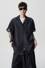 8XL-M夏季简约高级感冰丝牛仔古巴领男休闲痞帅宽松套装潮TZ109，男装休闲套装，电商D206-1