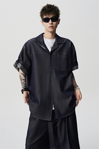 8XL-M 夏季简约高级感冰丝牛仔古巴领男休闲痞帅宽松套装潮TZ109图片
