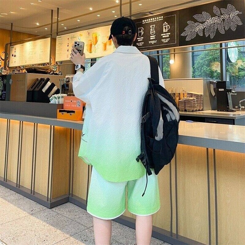 wassuphappy新中式套装男款夏季潮流渐变短袖衬衫痞帅一整套搭配,男装衬衫,电商D310B