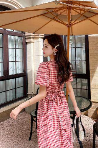 夏季新款复古小清新红色法式连衣裙，女装连衣裙，水锦红