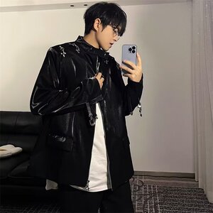 痞帅高级感黑色立领垫肩夹克上衣飞机扣设计感外套机车服图片