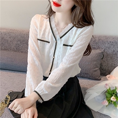 秋季新款上衣洋气衬衫打底衫V领小香风白色气质雪纺衫，女装蕾丝衫/雪纺衫，美吧服饰