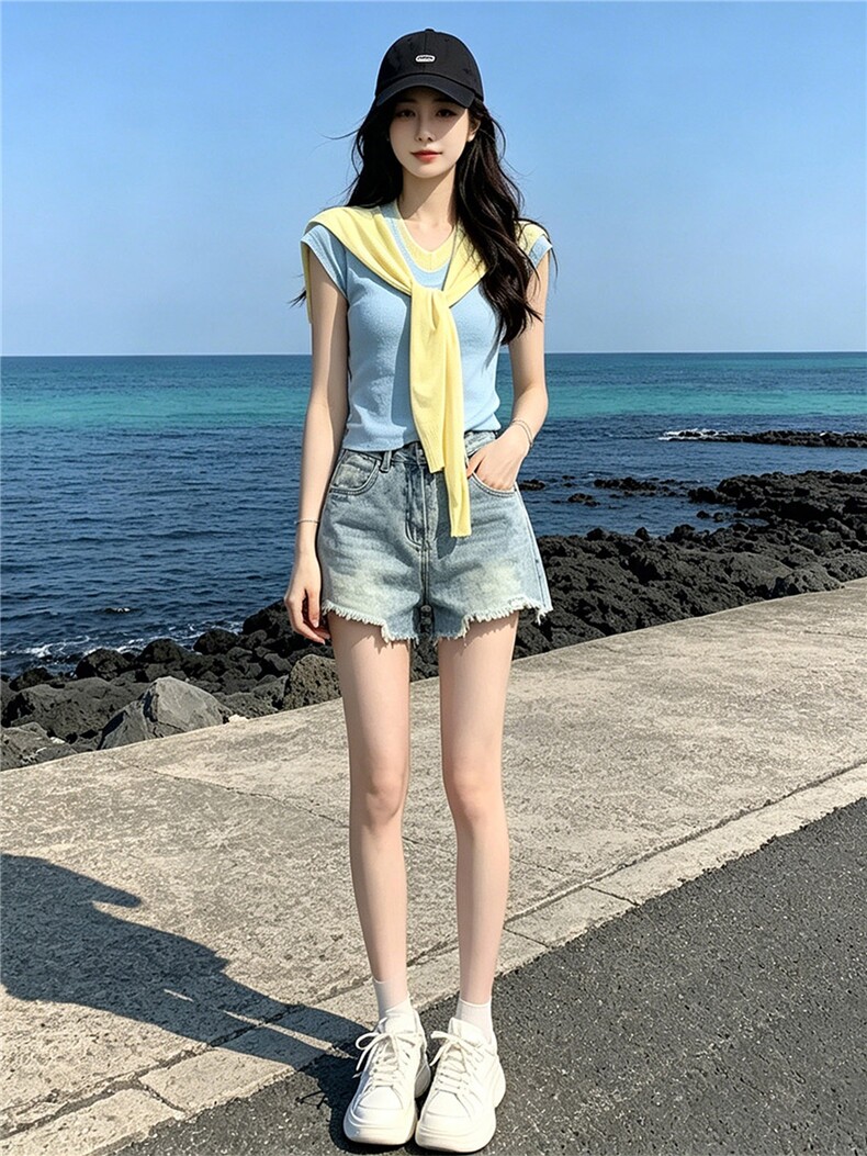 时尚穿搭套装女夏修身显瘦V领系带披肩假两件上衣牛仔短裤两件套,女装套装/套裙,江南