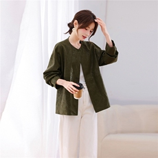 休闲复古中长款PU皮外套圆领腰带收到风衣外套，女装皮衣，鑫源服饰