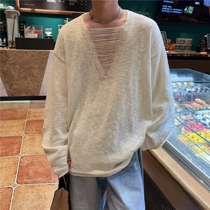 秋季薄款针织衫男女款高街美式街头设计感破洞YYO48-P45图片