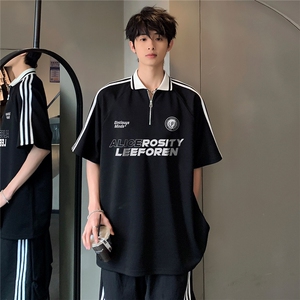 撞色短袖小v领T恤男款夏季polo衫美式复古学院风运动潮牌内搭上衣图片