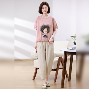 棉麻休闲套装女短袖2025夏季新款妈妈夏装洋气时尚亚麻裤子两件套图片
