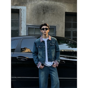 红格纹拼接牛仔外套男春秋vintage美式街头潮牌宽松情侣夹克N1238图片