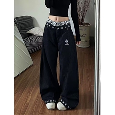 美式复古设计感弯刀牛仔裤男女痞帅百搭直筒宽松长裤L84077-P53，男装牛仔裤，星座1008