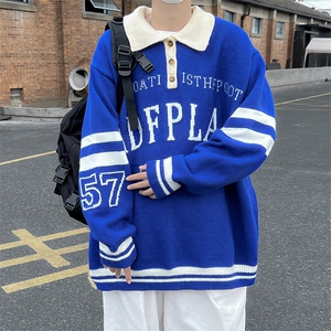 新款POLO领针织毛衣男韩版ins潮流字母拼色宽松上衣 W5552-P42图片