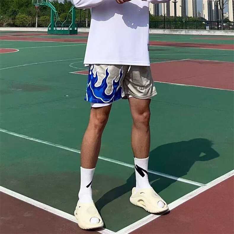 夏季火焰美式篮球短裤运动休闲不过膝黑色速干宽松训练系带四分裤,男装牛仔裤,星座506A