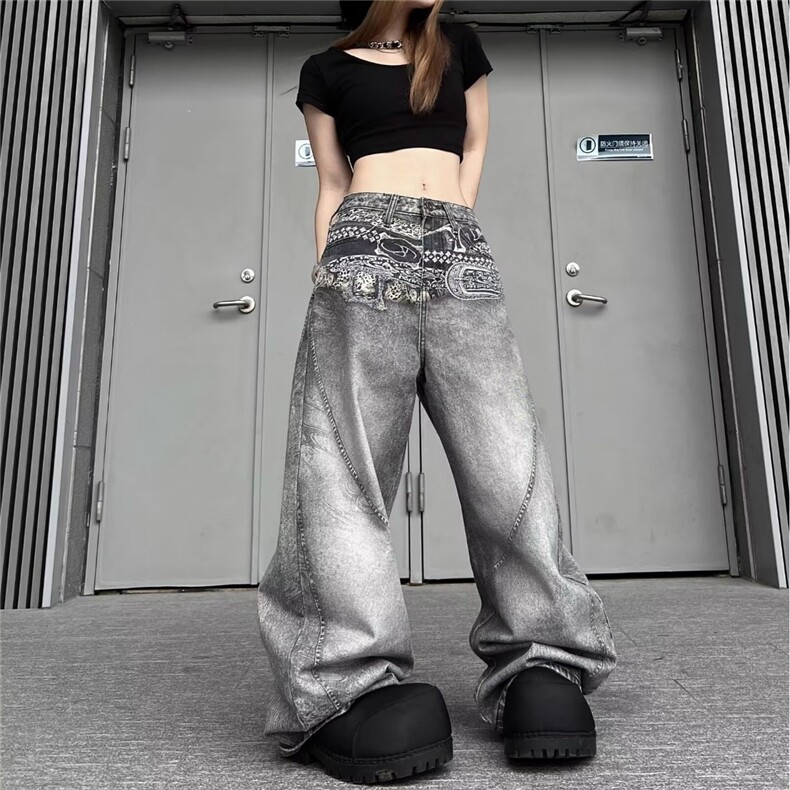 秋冬美式高街牛仔裤男女宽松直筒拖地嘻哈潮牌拖地长裤子图片