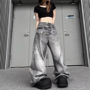 秋冬美式高街牛仔裤男女宽松直筒拖地嘻哈潮牌拖地长裤子图片