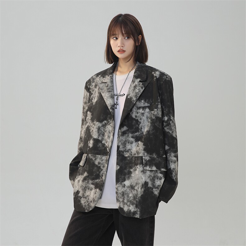 秋季中性潮牌复古擦花PU皮衣宽松扎染拼接金属扣西装1167-P108，女装西装，星座227-6