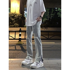 B221美式ins高街暗黑拉链小脚弹力破洞牛仔裤LK23060-P65控88，男装牛仔裤，电商B221