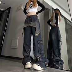 美式复古宽松显瘦牛仔裤男女秋季设计感毛边拖地长裤直筒阔腿裤子，男装牛仔裤，星座601-2
