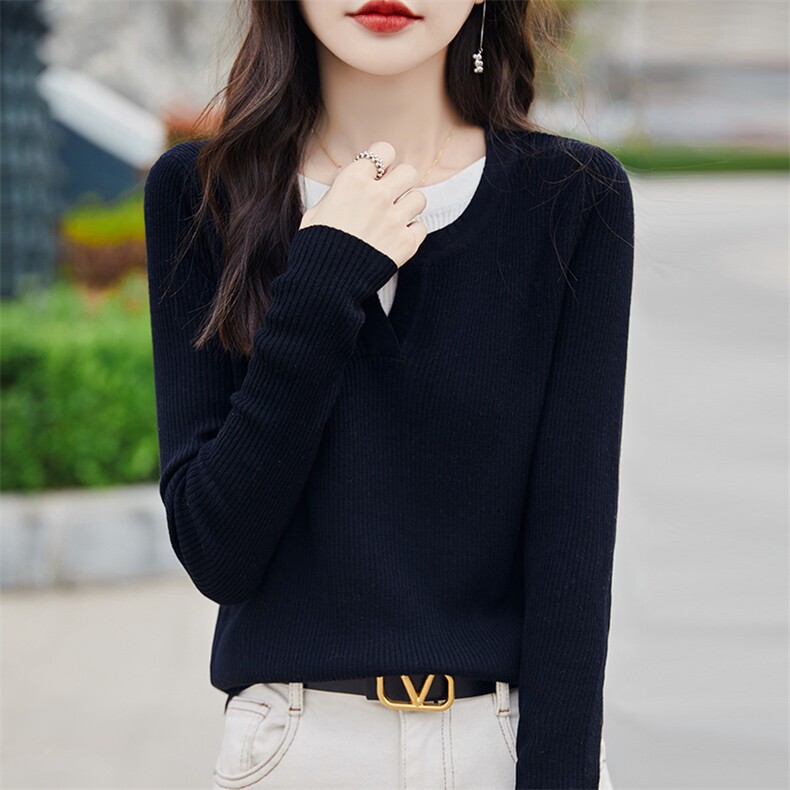 春秋精纺羊毛衫假两件圆领女针织打底衫新款百搭拼色薄款毛衣上衣,针织衫/毛衣,悦玛羊绒