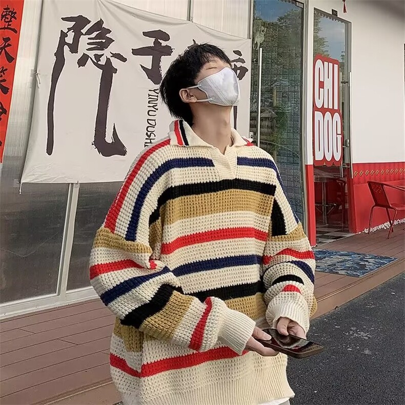 秋冬季慵懒风彩色条纹毛衣男宽松针织衫装线衣外套M6525,男装针织衫/毛衣,星座1116A-1（原606A）